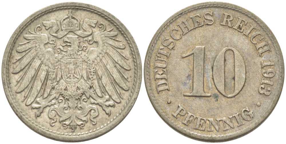 ГЕРМАНИЯ 10 ПФЕННИГОВ 1913 D KM 12, J. 13, Weege 8 медно-никель 212-234