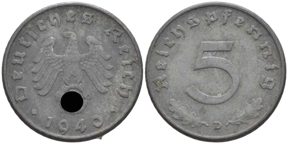 ГЕРМАНИЯ 5 РЕЙХСПФЕННИГОВ 1940 D KM 100, J. 370 цинк 105-223