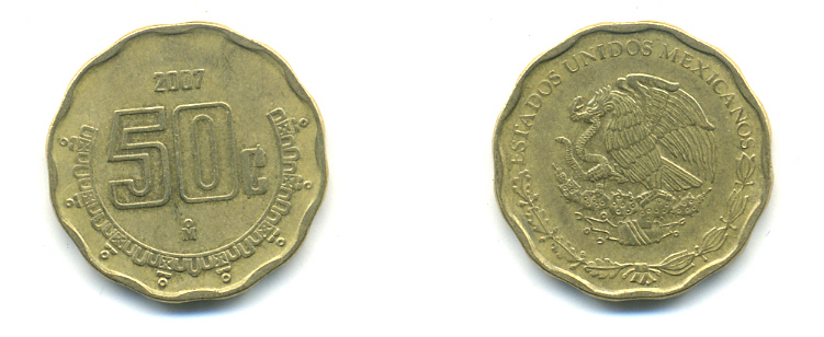 Мексика 50 сентаво 2007 KM 549 алюминиевая бронза 176-1224