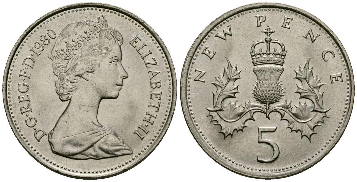 Великобритания 5 пенсов 1980 Елизавета II (1952-2022) KM 911, Spink 4233 (D1) медно-никель 4538-232