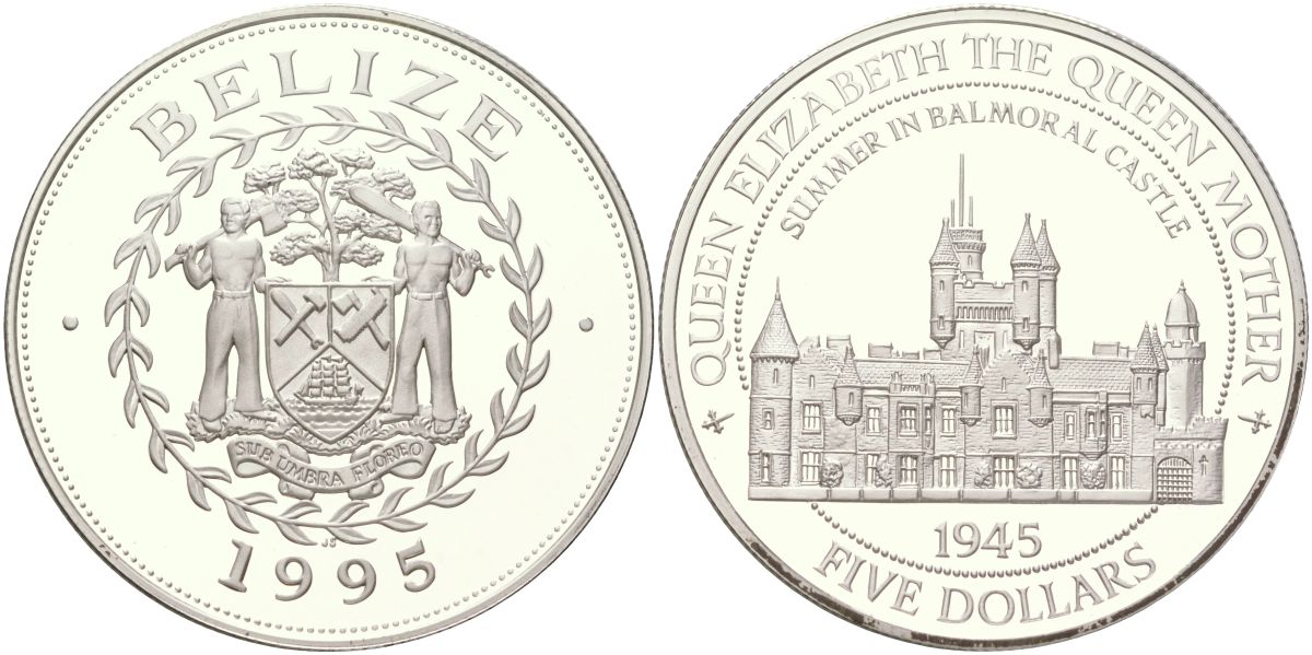Белиз 5 долларов 1995 96 лет со дня рождения Королевы-матери, замок Балморал KM 126 серебро PROOF 01-235-41