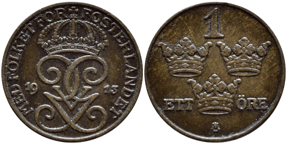 Швеция 1 эре 1913 Густав V (1907-1950) KM 777.2 бронза 4396-211