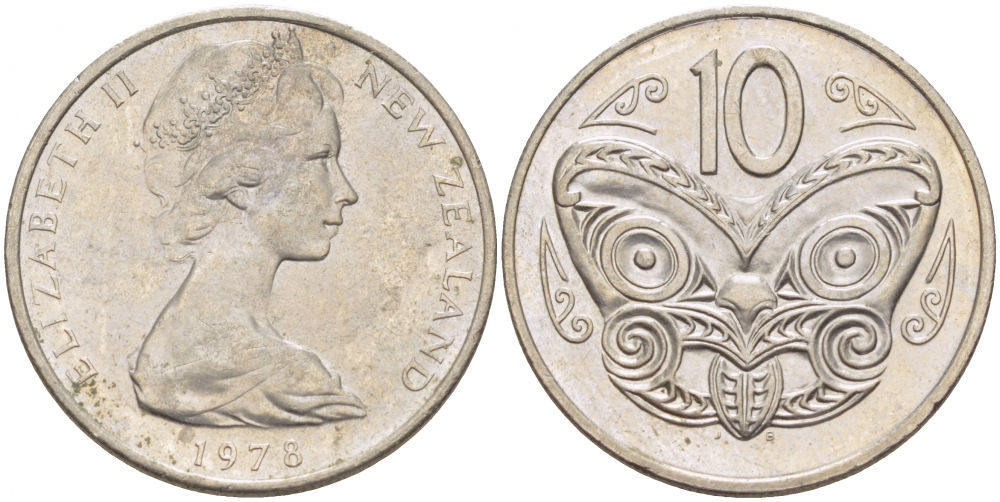 Новая Зеландия 10 центов 1978 Елизавета II (1952-2022), маска маори KM 41.1 медно-никель 212-1141