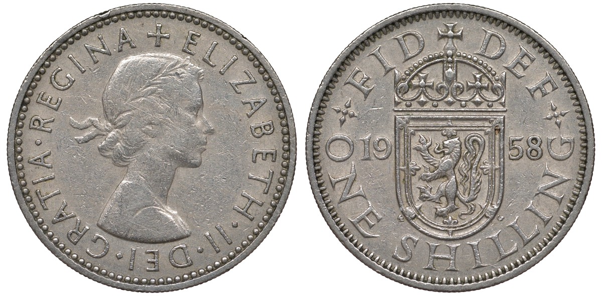 Великобритания 1 шиллинг 1958 Елизавета II (1952-2022), Шотландский герб KM 905, Spink 4148 медно-никель 4122-1021