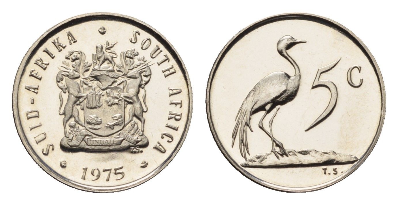 ЮАР 5 центов 1975 герб, райский журавль KM 84 никель PROOF 4690-957