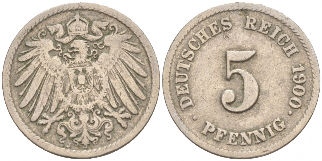 ГЕРМАНИЯ 5 ПФЕННИГОВ 1900 J, KM 11, J. 12 медно-никель 73-162
