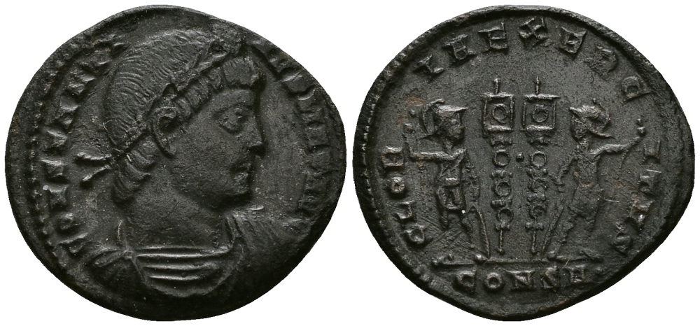 Римская Империя нуммий 333 - 335 Константин I Великий GLORIA EXERCITVS Константинополь Good Very fine (степень редкости R3) RIC 73 бронза 1073-6-33