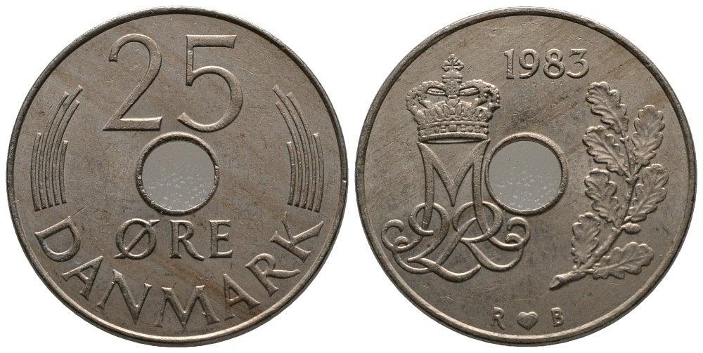 ДАНИЯ 25 ЭРЕ 1983 R; B, МАРГРЕТЕ II (1972-) KM 861.3 медно-никель UNC 84-531