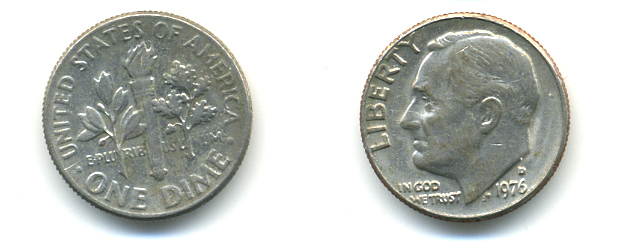 США 10 ЦЕНТОВ = 1 ДАЙМ 1976 D, РУЗВЕЛЬТ KM 195а медь плакированная медно-никелем 89-533
