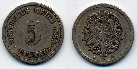 ГЕРМАНИЯ 5 ПФЕННИГОВ 1888 A, СТАРОГЕРБОВКА KM 3, J. 3 медно-никель 51-4918