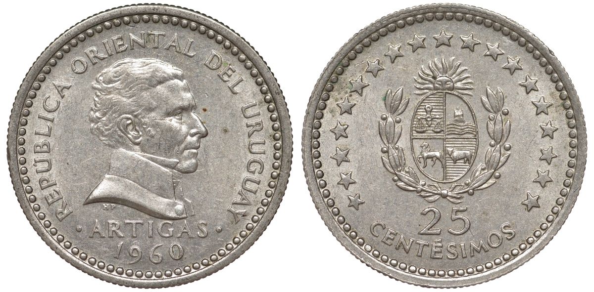 Уругвай 25 сентесимо 1960 KM 40 медно-никель 4576-1013