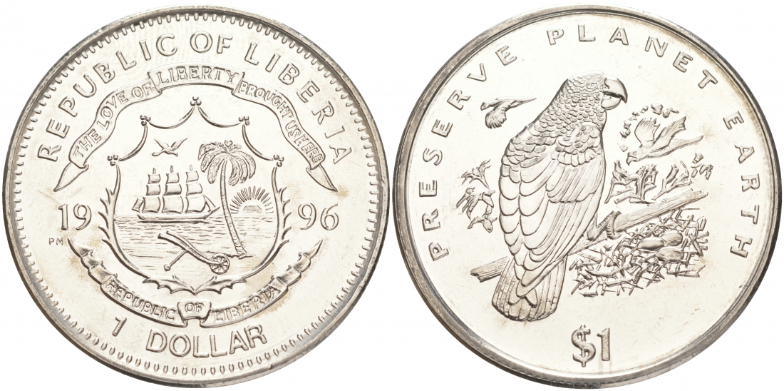 Либерия 1 доллар 1996 серия сохраним наш мир, попугай Жако KM 222 медно-никель UNC M26-20