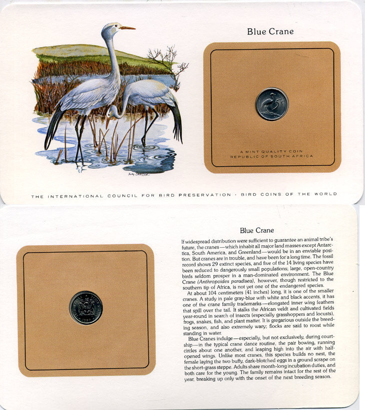 ЮАР 5 центов 1980 СЕРИЯ МОНЕТЫ МИРА С ИЗОБРАЖЕНИЕМ ПТИЦ, В ОРИГИНАЛЬНОМ БУКЛЕТЕ С ОПИСАНИЕМ KM 84 никель UNC 5121-25