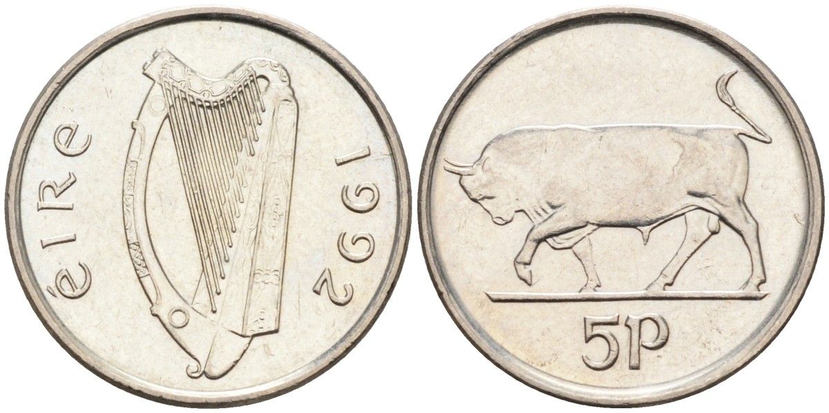 Ирландия 5 пенсов 1992 бык, диаметр 18,5 мм. KM 28 медно-никель UNC 4580-935