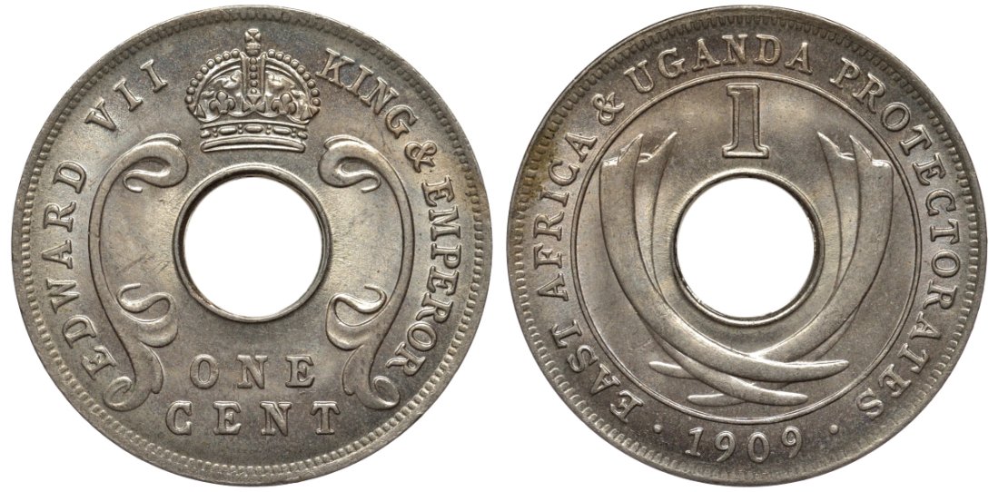 Британская Восточная Африка и Уганда 1 цент 1909 Эдуард VII (1902-1910) KM 5a медно-никель UNC 92-1155