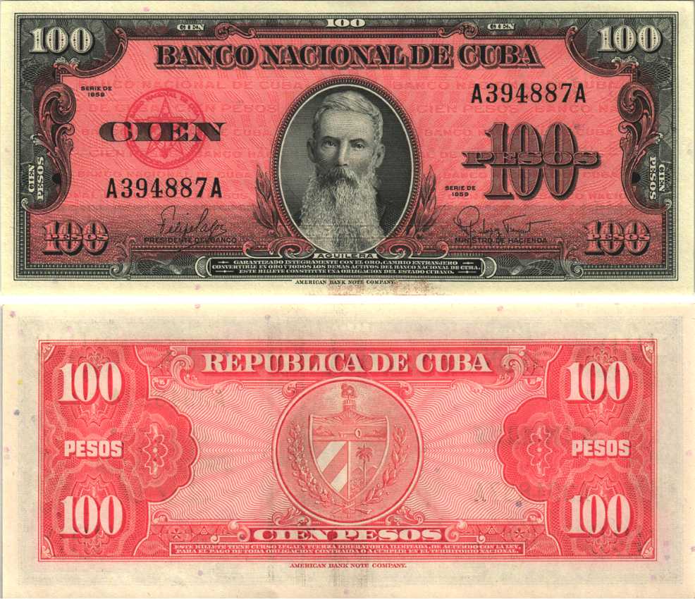 Куба 100 песо 1959 Висенте Агилера, черная серия Pick 93 a бумага UNC (пресс) 7191-36-2-2