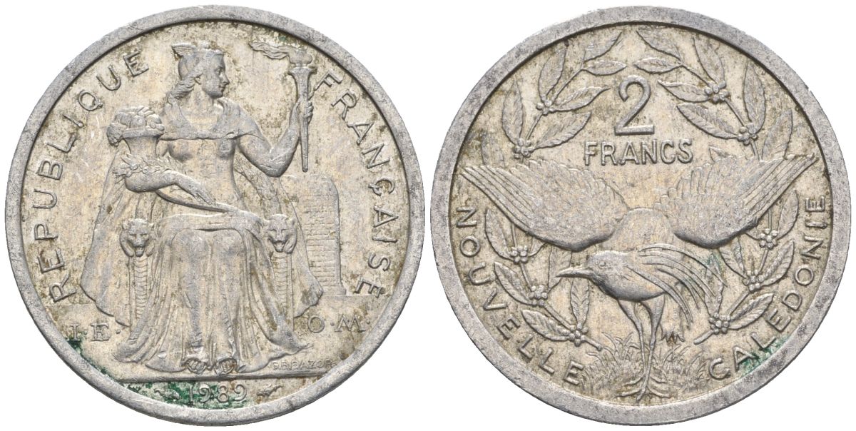 Французская Новая Каледония 2 франка 1989 птица кагу, (IEOM) KM 14, Schoen 11, Lec 65 алюминий    27-1112