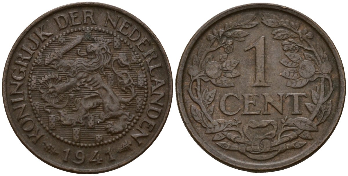 Нидерланды 1 цент 1941 Вильгельмина I (1890-1948) KM 152 бронза 4154-922
