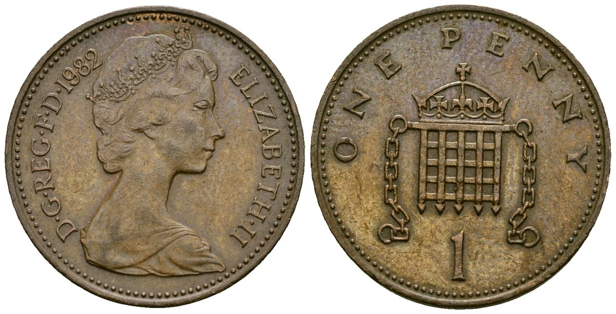 Великобритания 1 пенни 1982 Елизавета II (1952-2022) KM 927, Spink 4238 (B2) бронза 4582-1131