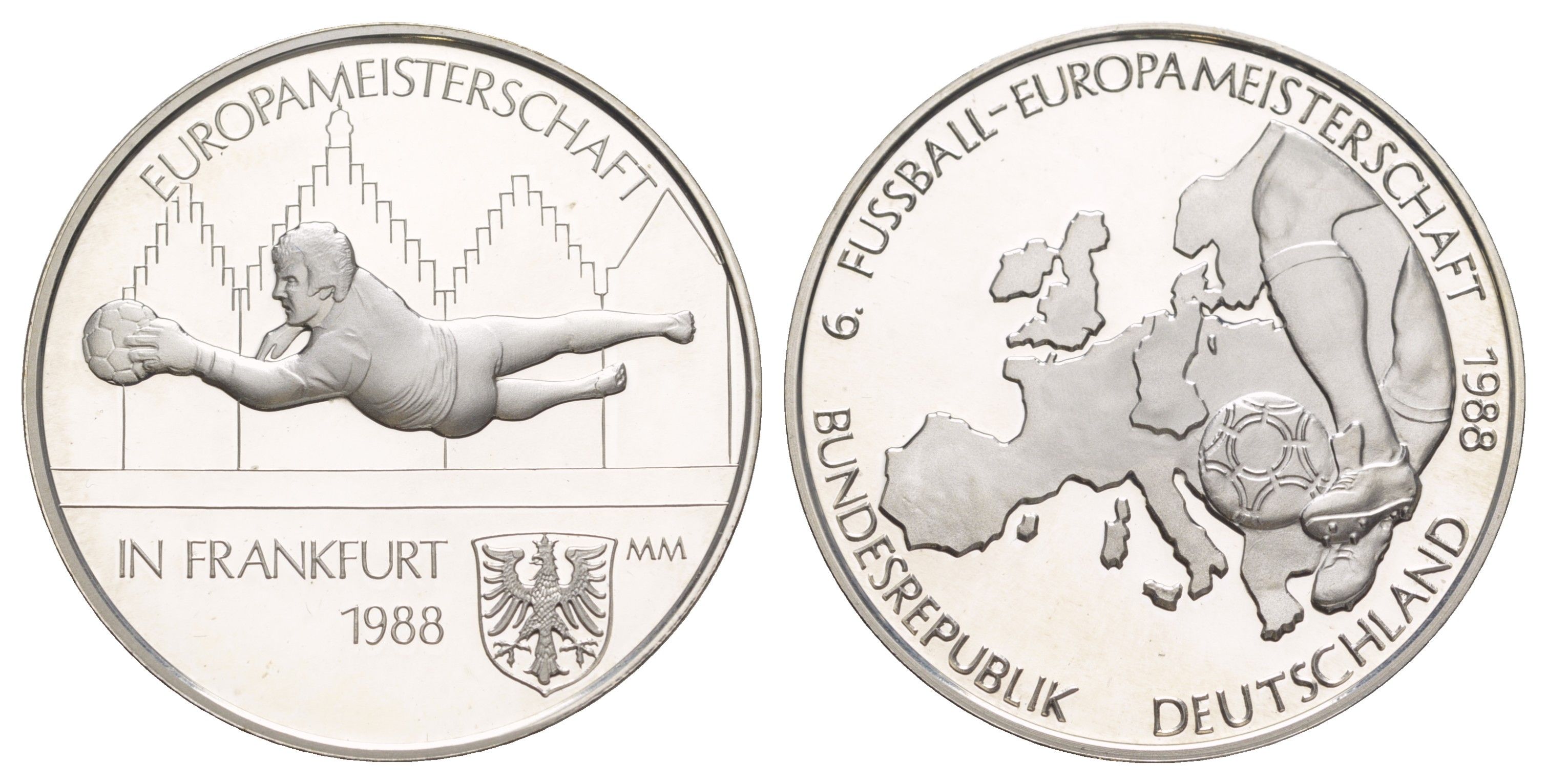 ФРГ медаль посвященная Чемпионату Европы 1988 - "Город принимающий Евро - Франкфурт" 1988 диаметр 39 мм, вес 23,5 гр серебро PROOF 11-327-41
