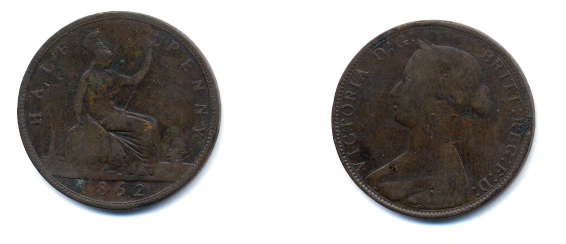 Великобритания 1/2 пенни 1862 Виктория (1837-1901) KM 748.2, Spink 3956 бронза 51-1621
