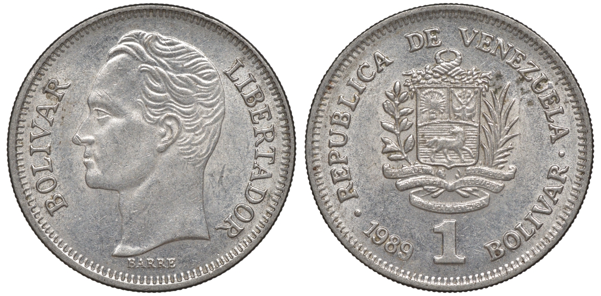 Венесуэла 1 боливар 1989 тонкий шрифт Y 52a.2 сталь плакированная никелем 4606-533