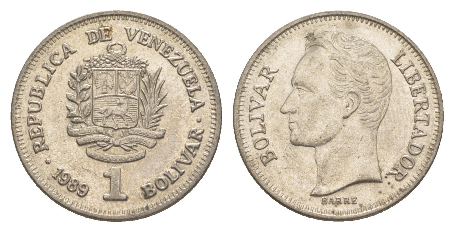 Венесуэла 1 боливар 1989 Симон Боливар, тонкий шрифт Y 52a.1 сталь плакированная никелем 4589-947
