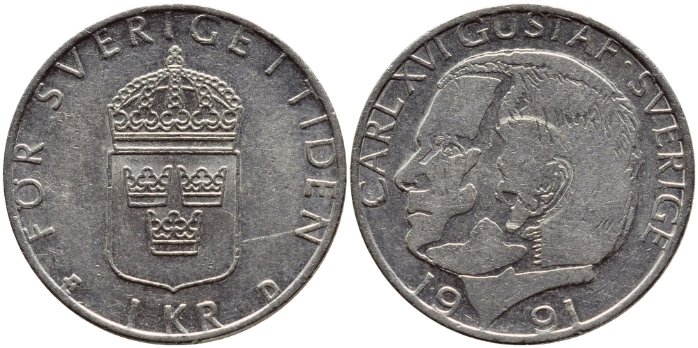Швеция 1 крона 1991 Карл XVI Густав (1973- ) KM 852a медно-никель 4384-155