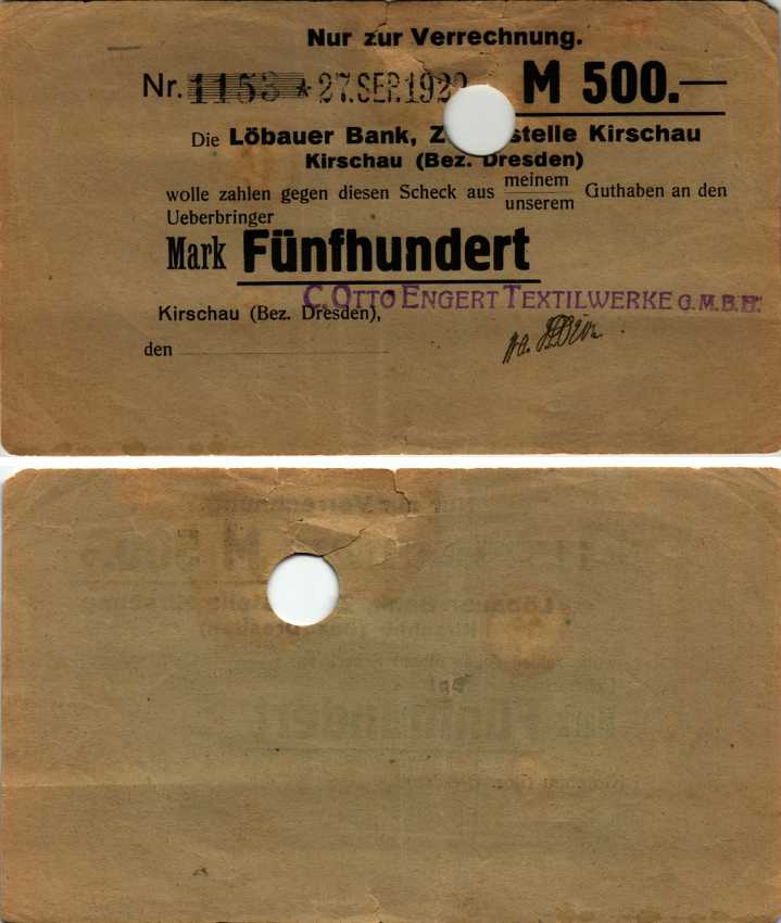 ГЕРМАНИЯ 500 МАРОК 1922 ДРЕЗДЕН, 27 СЕНТЯБРЯ 1922, ТЕКСТИЛЬНАЯ ФАБРИКА C. OTTO ENGERT TEXTILWERKE G.M.B.H., НОТГЕЛЬД, С ОТМЕТКОЙ О ГАШЕНИИ бумага 444-147-2