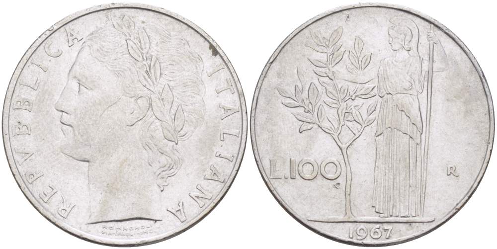 ИТАЛИЯ 100 ЛИР 1967 R, АФИНА, ДИАМЕТР 28 ММ. KM 96.1 нержавеющая сталь 4512-1126