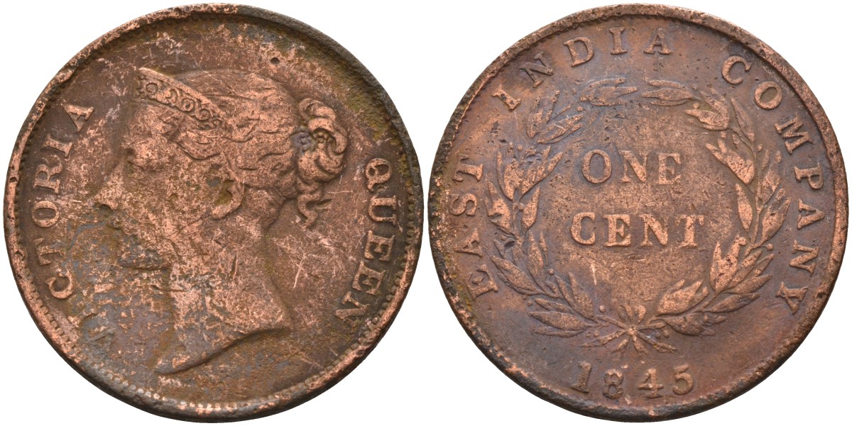Стрейтс-Сетлментс 1 цент 1845 Виктория (1837-1901), Ост-Индская компания KM 3 медь 4590-223
