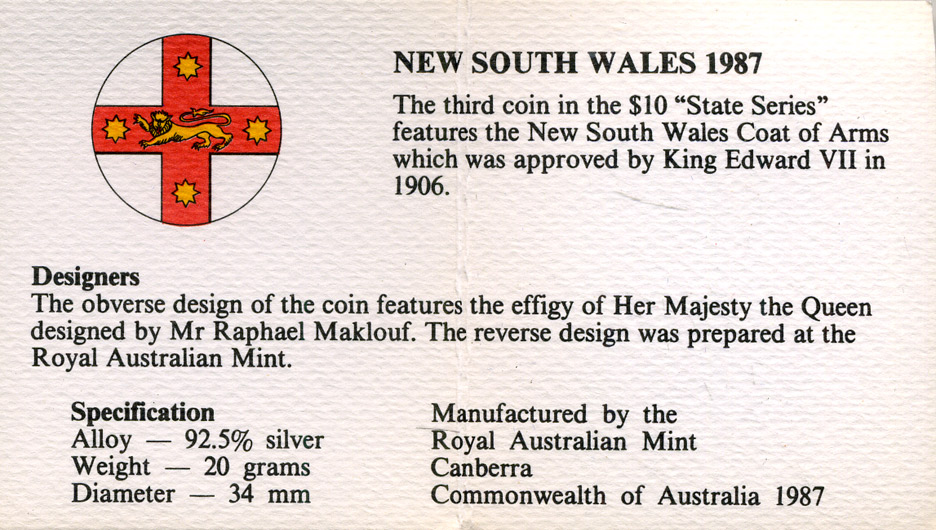 Австралия 10 долларов 1987 Новый Южный Уэльс, в оригинальной коробке, с сертификатом KM 93 серебро PROOF 4-3-4-35