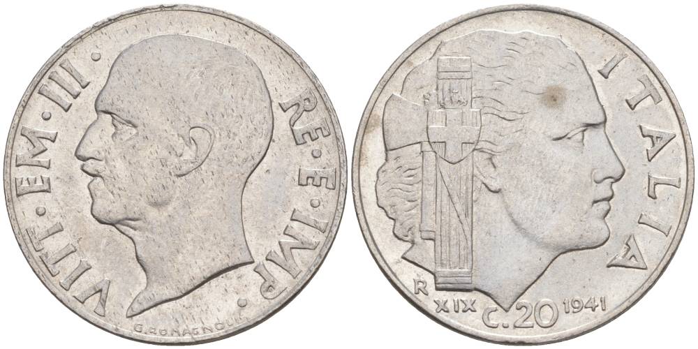 ИТАЛИЯ 20 ЧЕНТЕЗИМО 1941 R, ГОД XIX, ВИКТОР ЭММАНУИЛ III (1900-1946) KM 75b, VEM3. 1028 нержавеющая сталь 3853-835