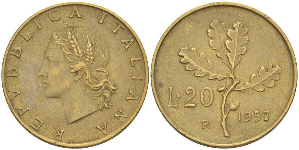 ИТАЛИЯ 20 ЛИР 1957 R, ДУБОВЫЙ ЛИСТ KM 97.1 алюминиевая бронза 113-1245