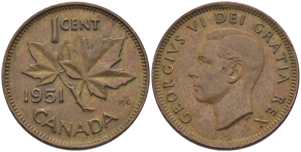 Канада 1 цент 1951 Георг VI (1937-1952), кленовый лист KM 41 бронза 96-1268