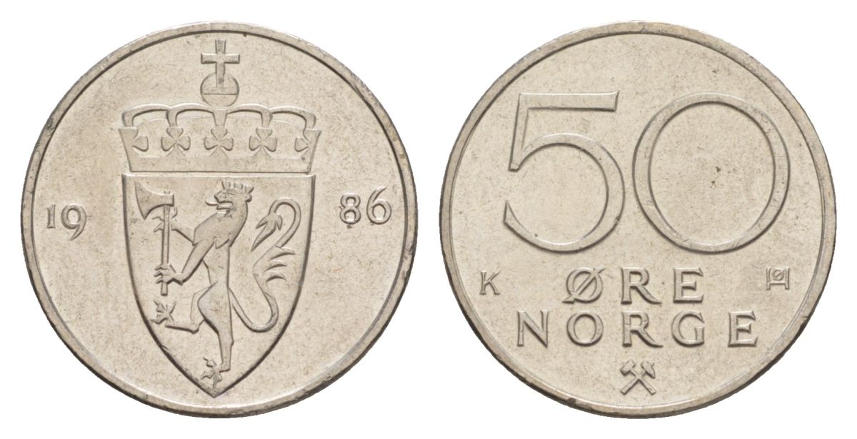 Норвегия 50 эре 1986 Улаф V (1957-1991) KM 418 медно-никель UNC 4635-512