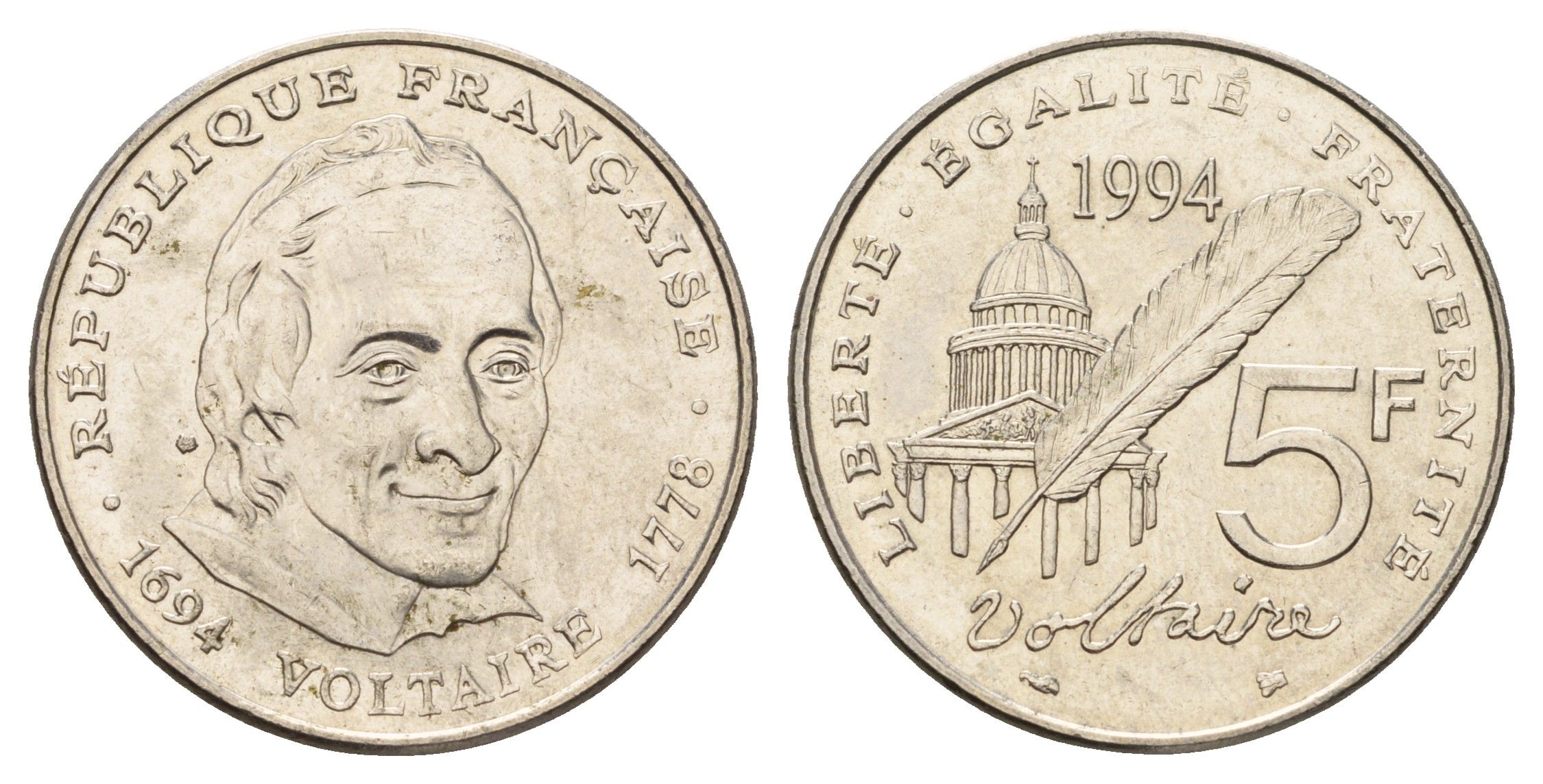 Франция 5 франков 1994 300 лет со дня рождения Вольтера KM 1063, Le Franc 344.2 никель UNC 4675-245