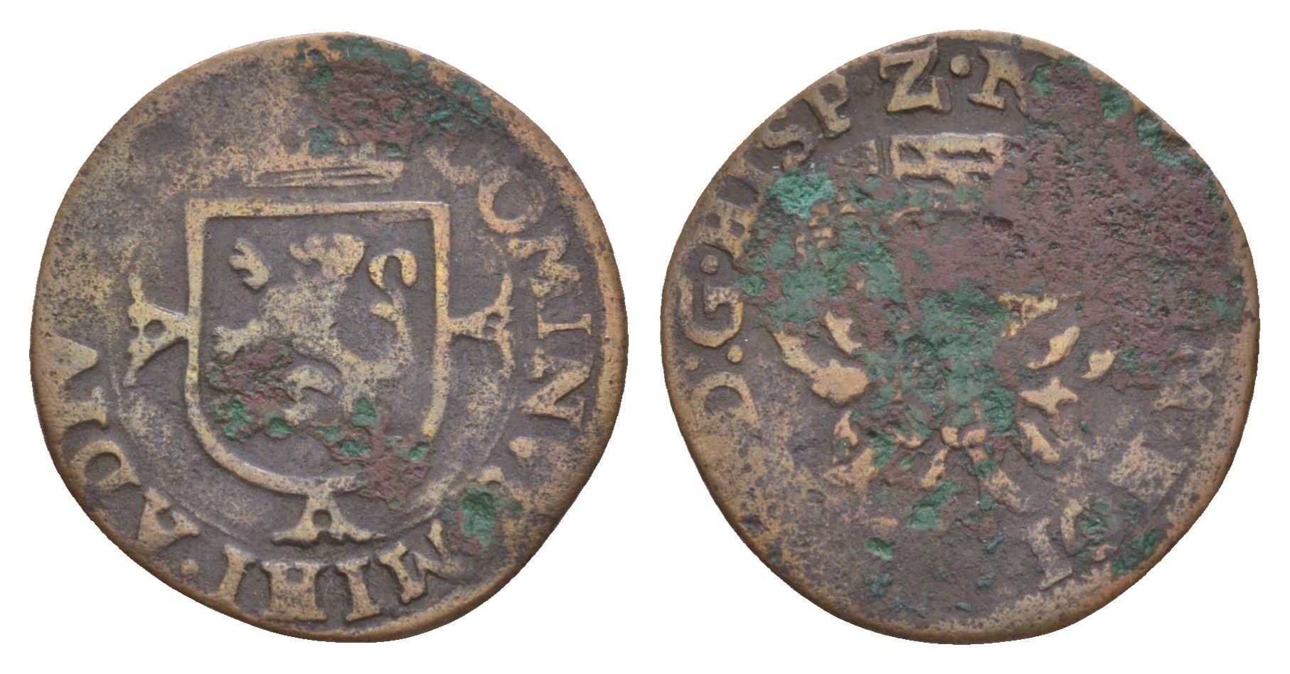 Испанские Нидерланды (графство Голландия, голландские государства) 1 дуит ND (1573-1579) Филипп II (1556—1581) Gelder 264.11 и Ver 56.8 медь 413-2633
