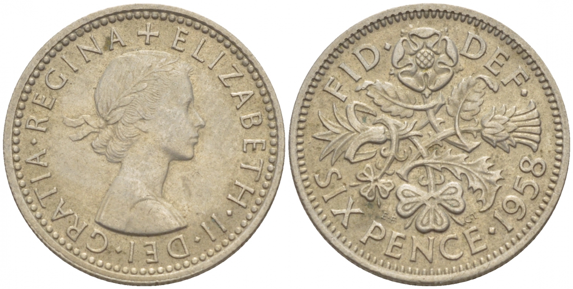 Великобритания 6 пенсов 1958 Елизавета II (1952-2022) KM 903, Spink 4149 медно-никель 4528-1049