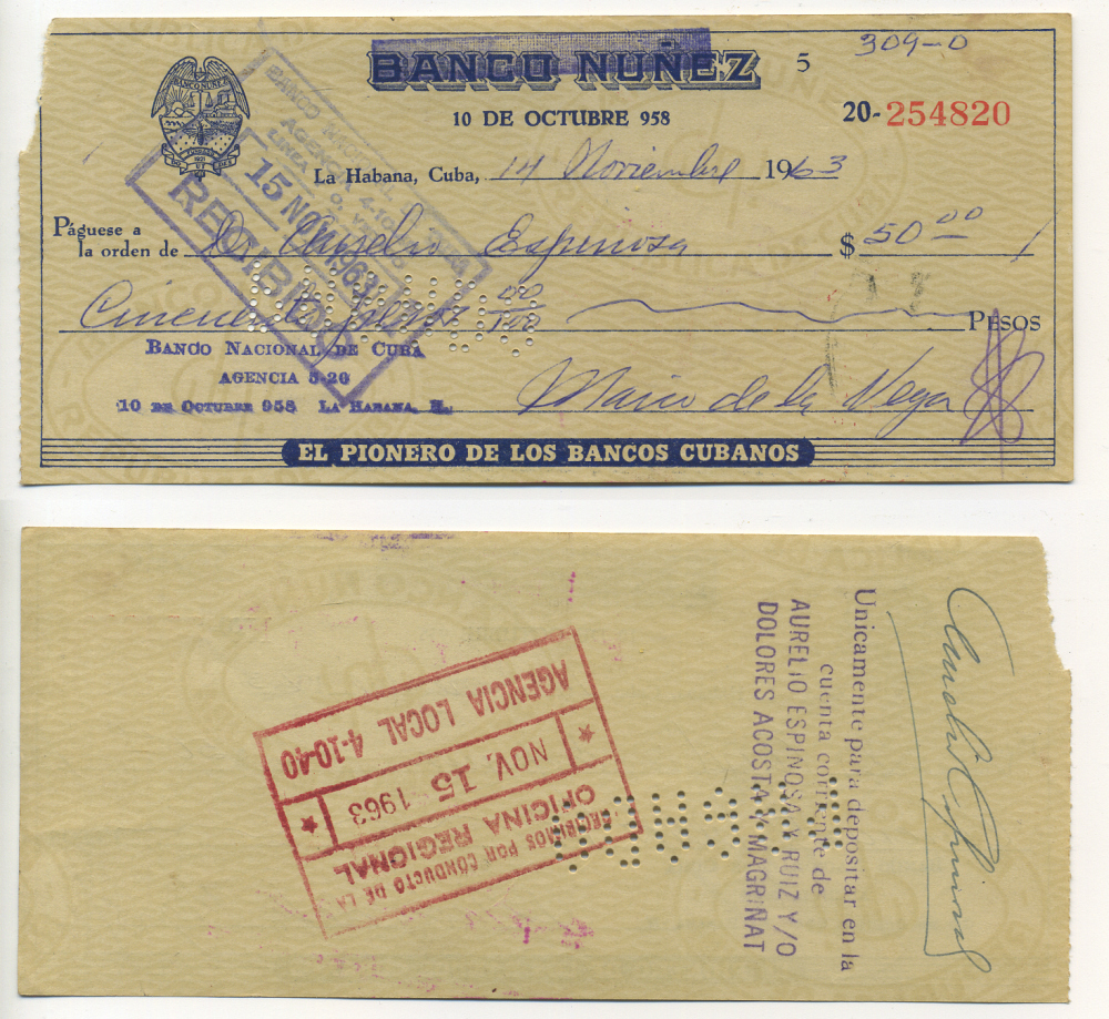 Куба чек именной  1963 БАНК NUNEZ, ВЫПИСАН 14 ноября 1963 НА ИМЯ ЭСПИНОЗА, НА СУММУ 50 ПЕСО, ПОГАШЕН 15 ноября 1963 года, ПЕРФОРАЦИЯ ПОГАШЕНО   бумага  аUNC  504-65-2-1