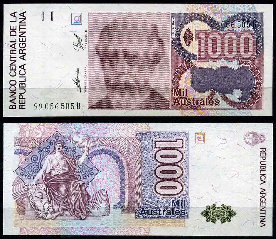 Аргентина 1000 аустралей 1985 серия B 99056, Президент Аргентины Хулио Рока Pick 329 b бумага UNC (пресс)   447-2-2