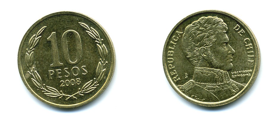 ЧИЛИ 10 ПЕСО 2008 ГЕНЕРАЛ БЕРНАРДО О ХИГГИНС KM 228.2 никель-бронза 37-267