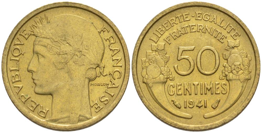 ФРАНЦИЯ 50 САНТИМОВ 1941 ТИП MORLON KM 894.1, LE FRANC 192.18 алюминиевая бронза 44-614