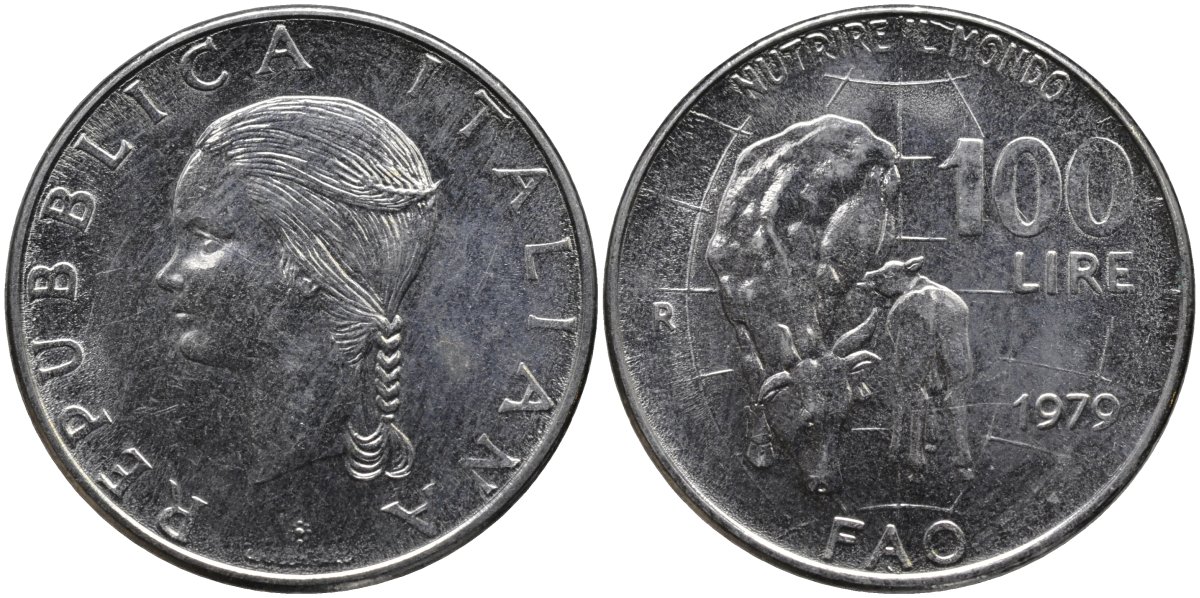 Италия 100 лир 1979 R, FAO, корова с теленком KM 106 нержавеющая сталь 4165-114