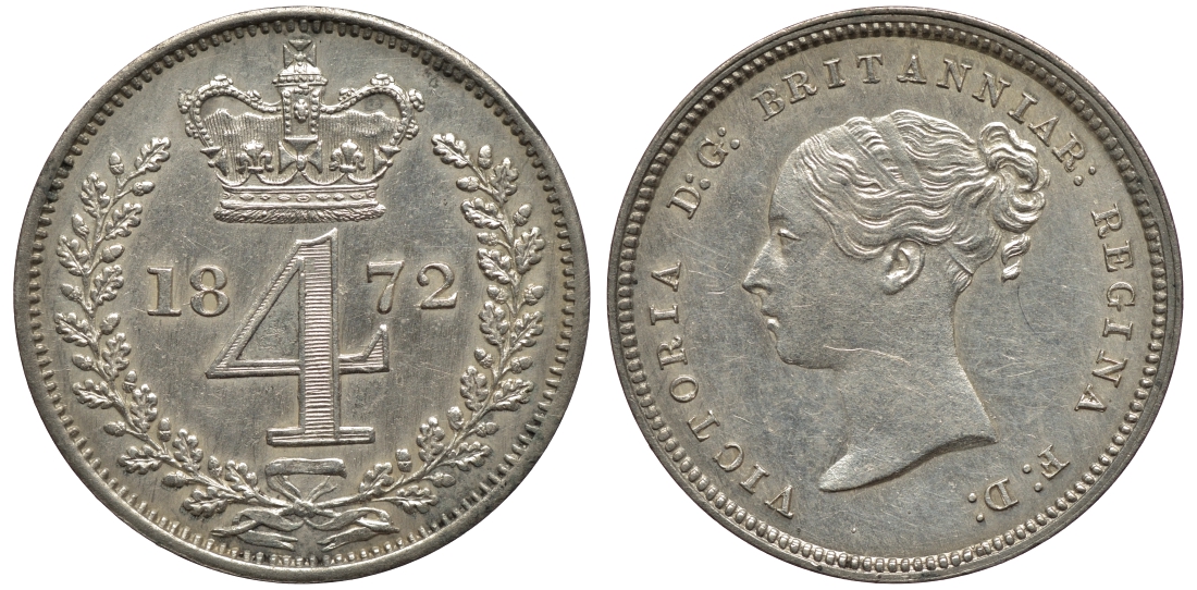 Великобритания 4 пенса 1872 Виктория (1837-1901) KM 732, Spink 3917 серебро 1523-1221