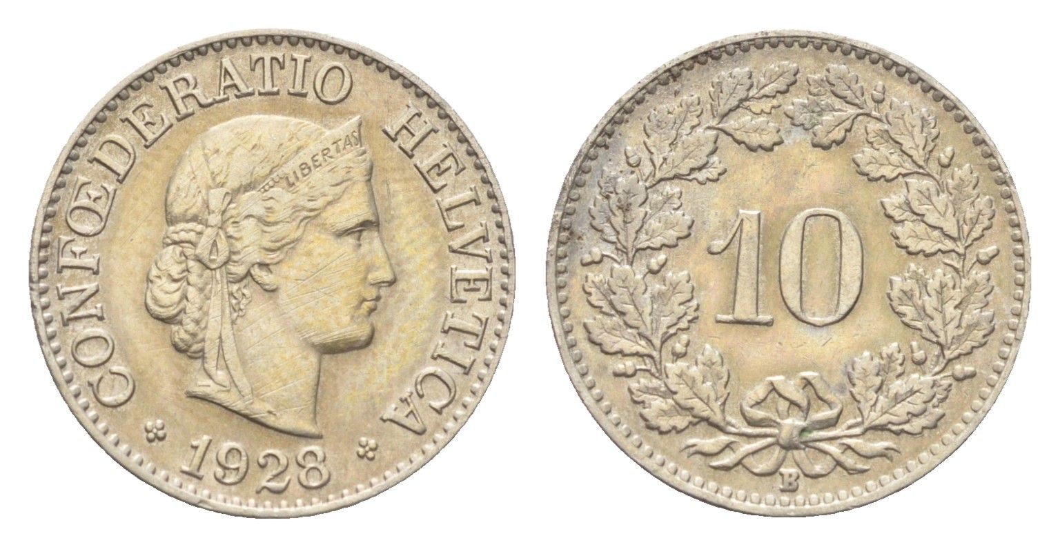 Швейцария 10 раппенов 1928 B KM 27 медно-никель 4708-143