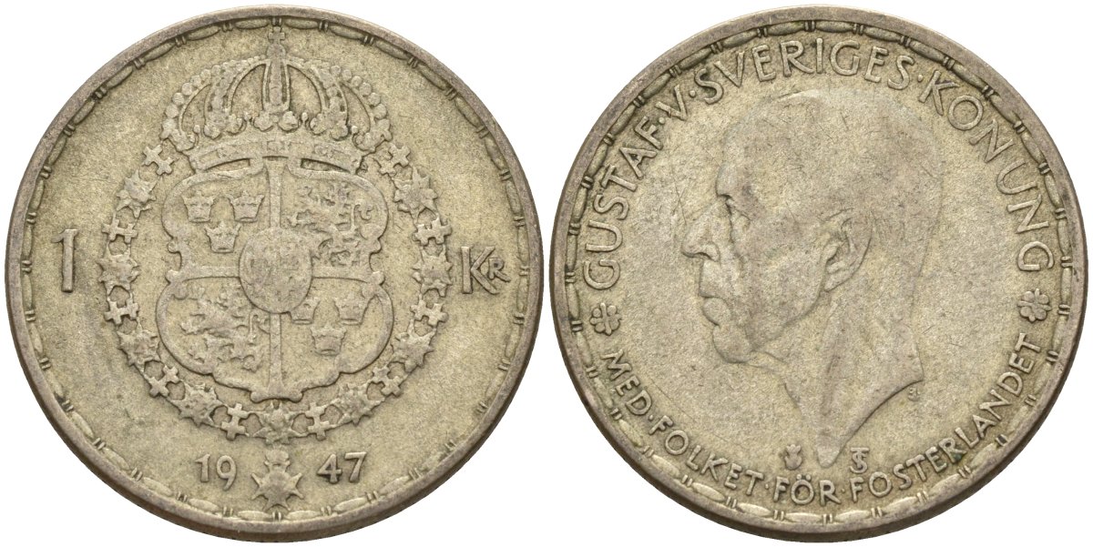 Швеция 1 крона 1947 TS, Густав V (1907-1950) KM 814 серебро 4148-1041