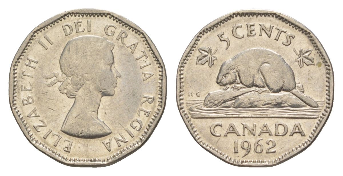 Канада 5 центов 1962 Елизавета II (1952-2022), бобр KM 50a никель 4630-668