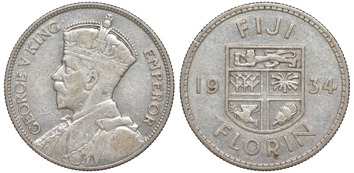 Фиджи 1 флорин 1934 Георг V (1910-1936), герб Фиджи KM 5 серебро    91-1136