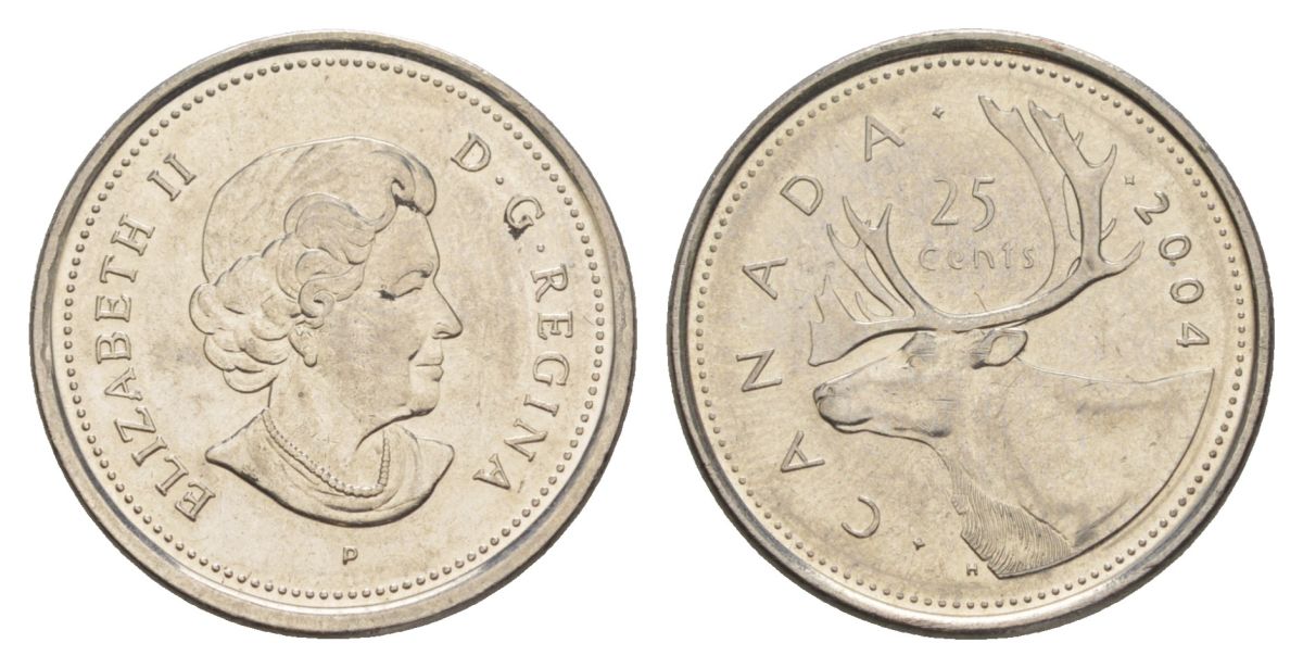 Канада 25 центов 2004 P, Елизавета II (1952-2022), олень KM 493 сталь плакированная никелем aUNC 4631-715